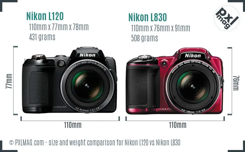 Nikon L120 vs Nikon L830 size comparison