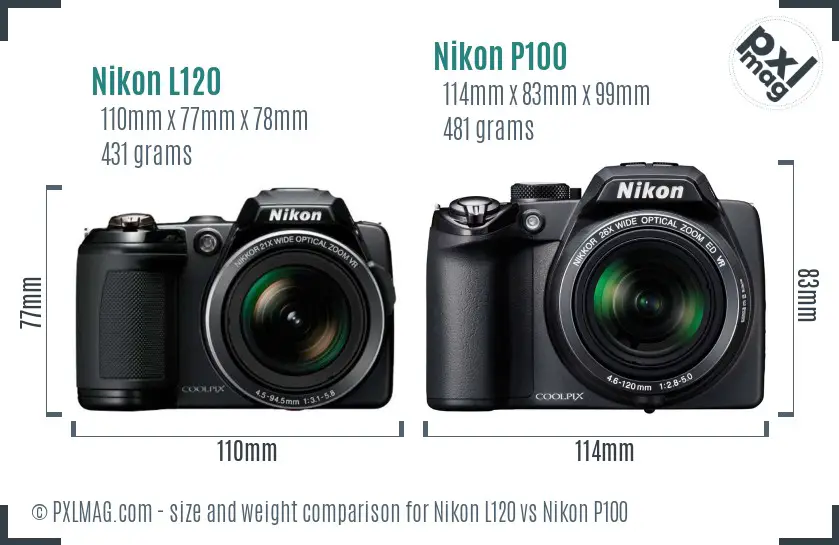 Nikon L120 vs Nikon P100 size comparison