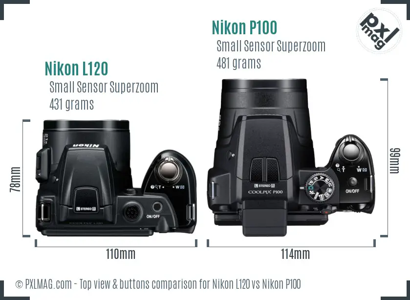 Nikon L120 vs Nikon P100 top view buttons comparison