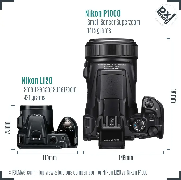 Nikon L120 vs Nikon P1000 top view buttons comparison