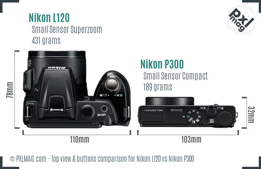 Nikon L120 vs Nikon P300 top view buttons comparison