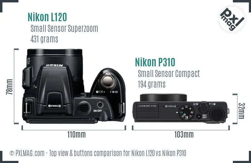 Nikon L120 vs Nikon P310 top view buttons comparison