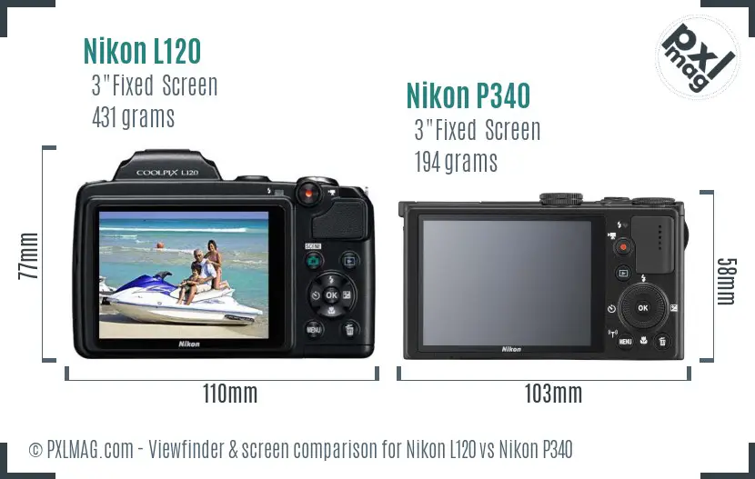Nikon L120 vs Nikon P340 Screen and Viewfinder comparison