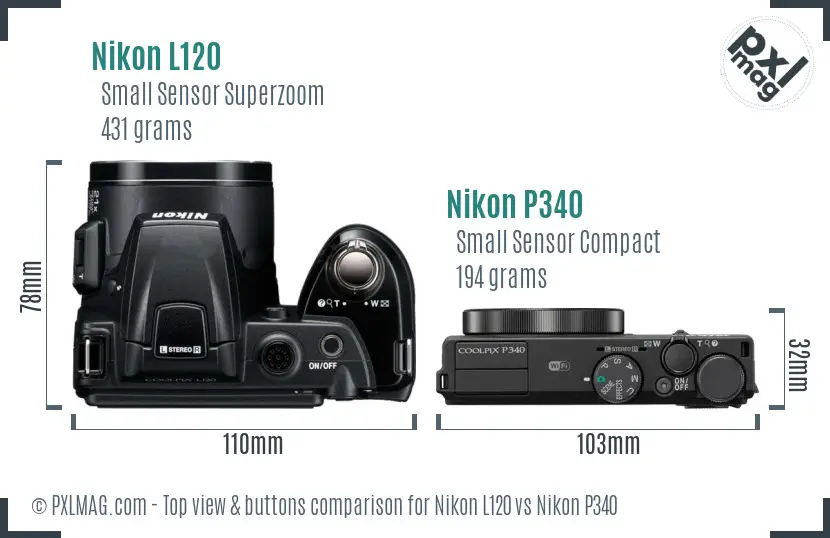Nikon L120 vs Nikon P340 top view buttons comparison