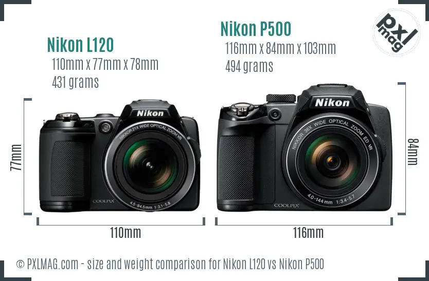 Nikon L120 vs Nikon P500 size comparison