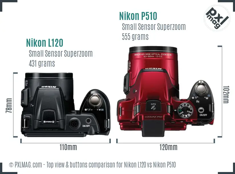 Nikon L120 vs Nikon P510 top view buttons comparison