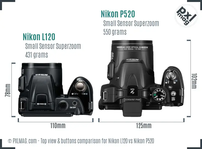 Nikon L120 vs Nikon P520 top view buttons comparison Nikon L120 vs Nikon P520 top view buttons comparison