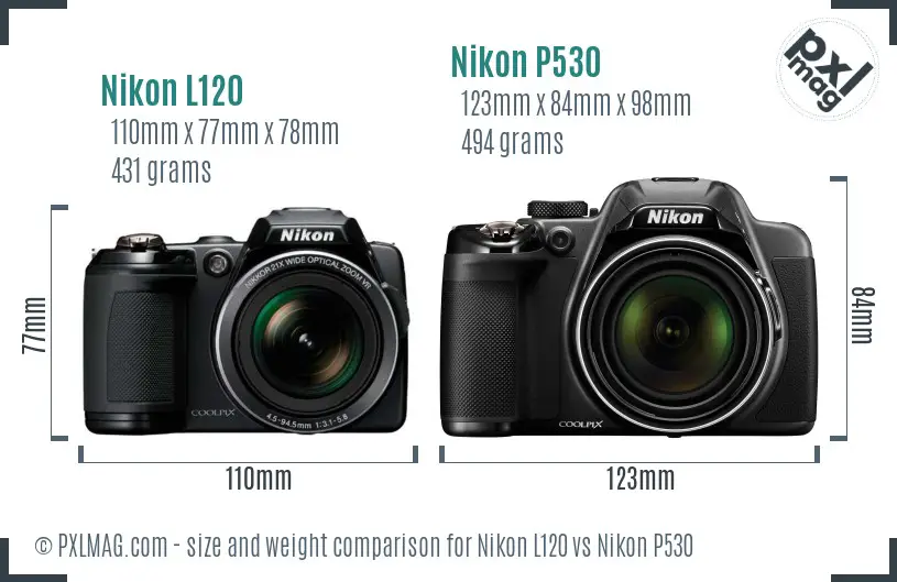 Nikon L120 vs Nikon P530 size comparison