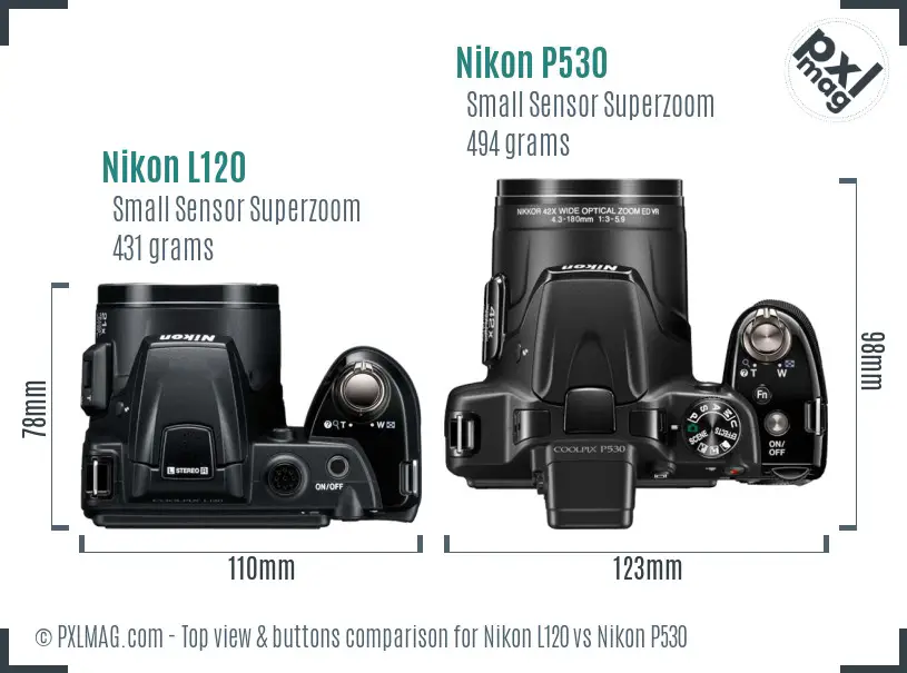 Nikon L120 vs Nikon P530 top view buttons comparison
