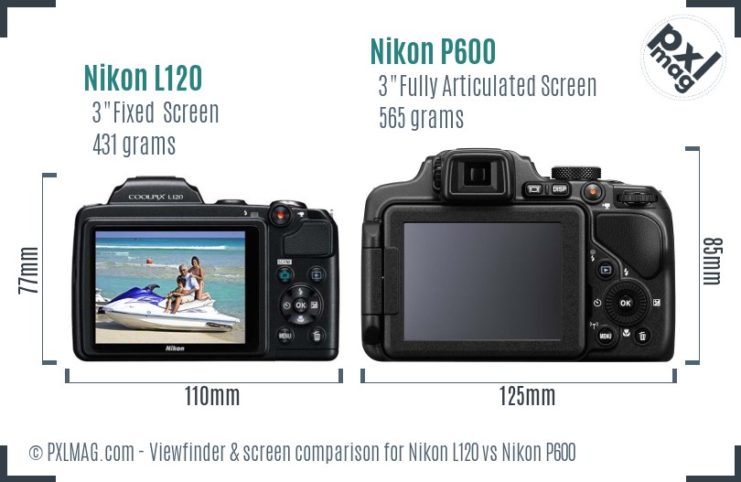 Nikon L120 vs Nikon P600 Screen and Viewfinder comparison
