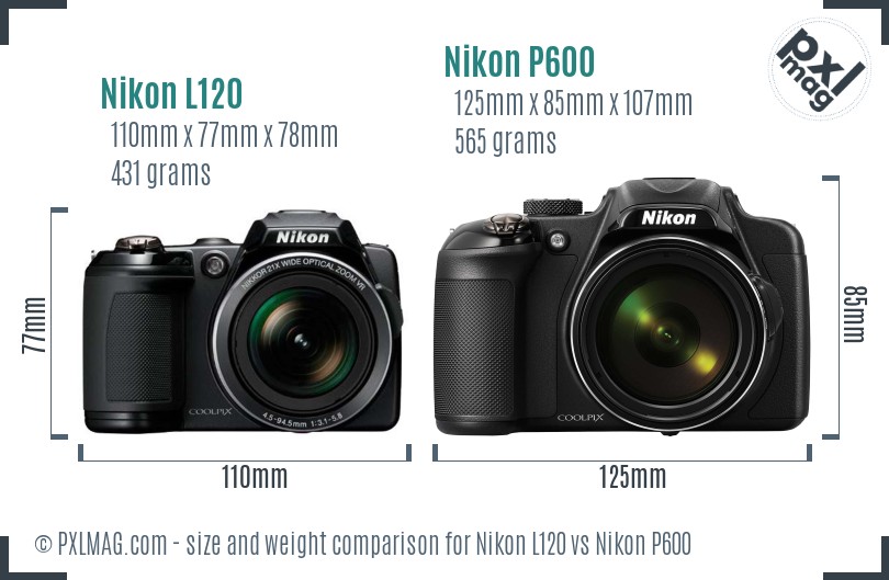 Nikon L120 vs Nikon P600 size comparison