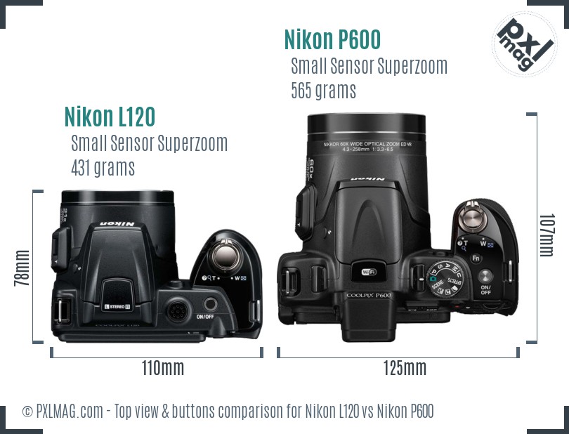 Nikon L120 vs Nikon P600 top view buttons comparison