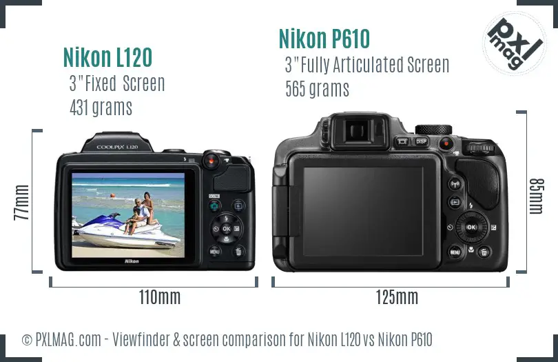 Nikon L120 vs Nikon P610 Screen and Viewfinder comparison