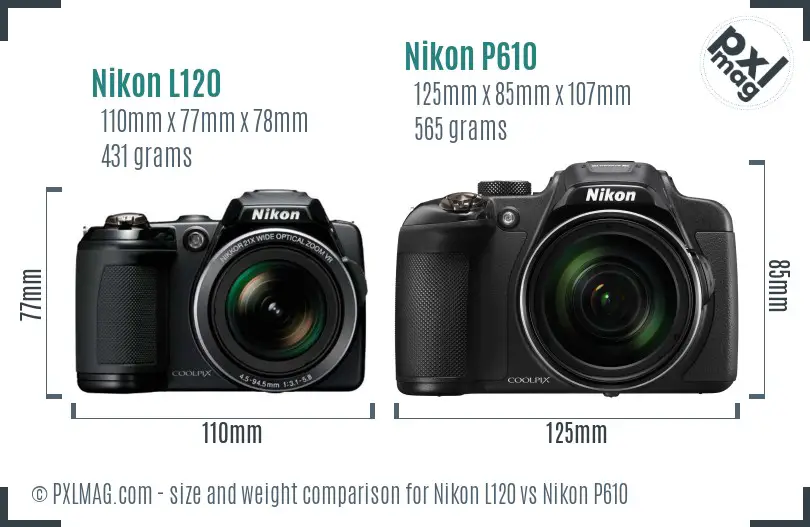 Nikon L120 vs Nikon P610 size comparison