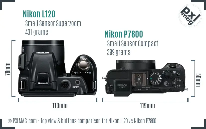 Nikon L120 vs Nikon P7800 top view buttons comparison Nikon L120 vs Nikon P7800 top view buttons comparison