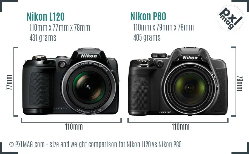 Nikon L120 vs Nikon P80 size comparison