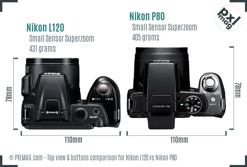 Nikon L120 vs Nikon P80 top view buttons comparison