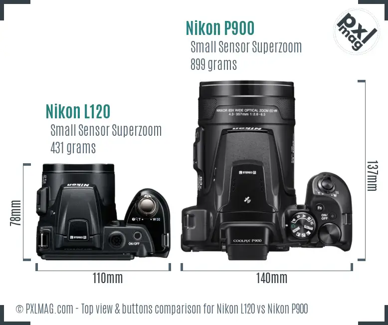 Nikon L120 vs Nikon P900 top view buttons comparison