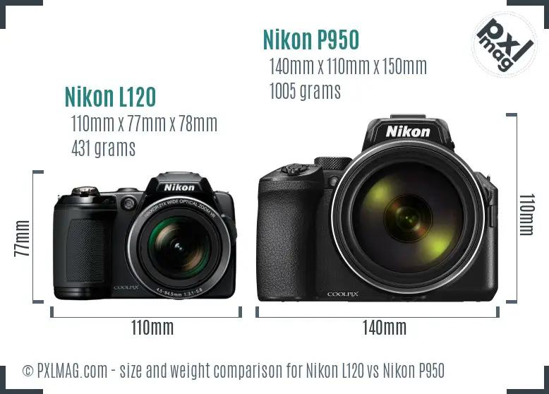 Nikon L120 vs Nikon P950 size comparison