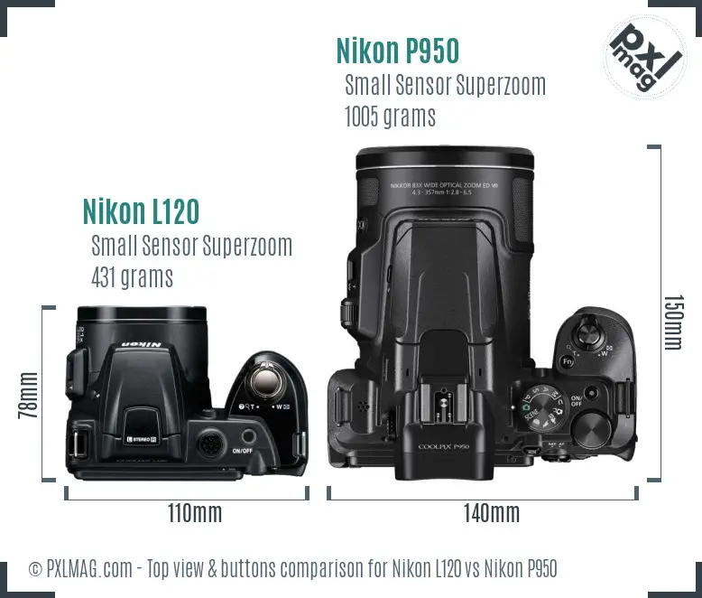 Nikon L120 vs Nikon P950 top view buttons comparison