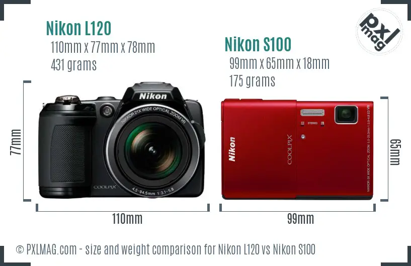 Nikon L120 vs Nikon S100 size comparison