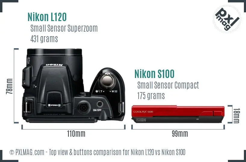 Nikon L120 vs Nikon S100 top view buttons comparison