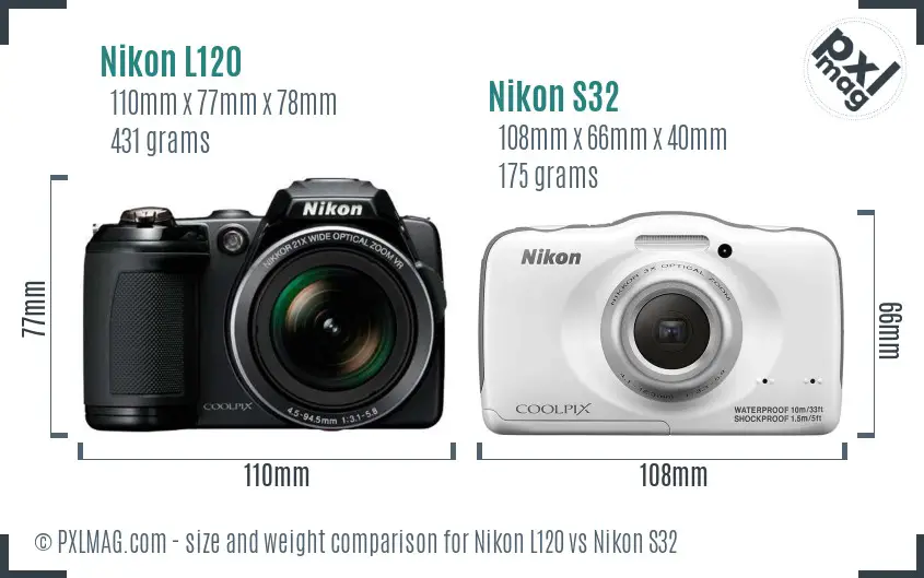 Nikon L120 vs Nikon S32 size comparison