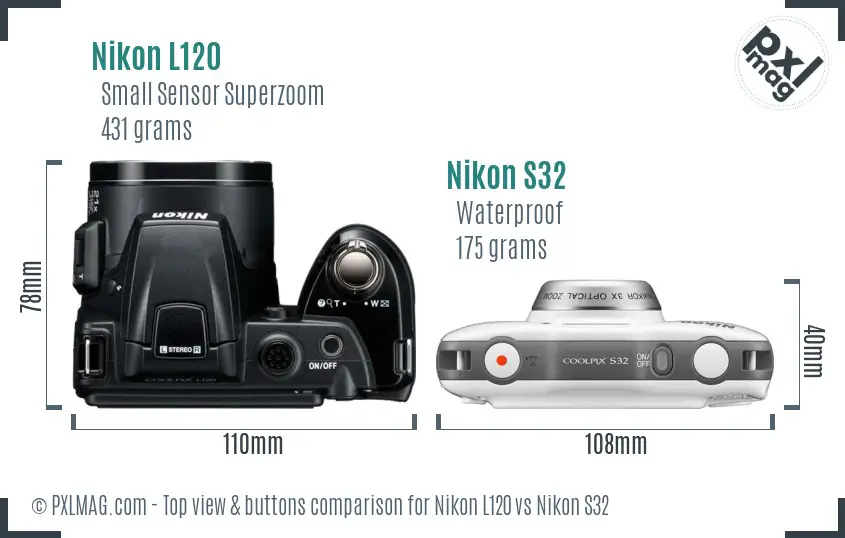 Nikon L120 vs Nikon S32 top view buttons comparison