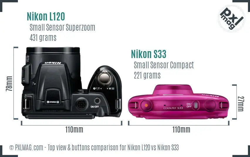 Nikon L120 vs Nikon S33 top view buttons comparison Nikon L120 vs Nikon S33 top view buttons comparison