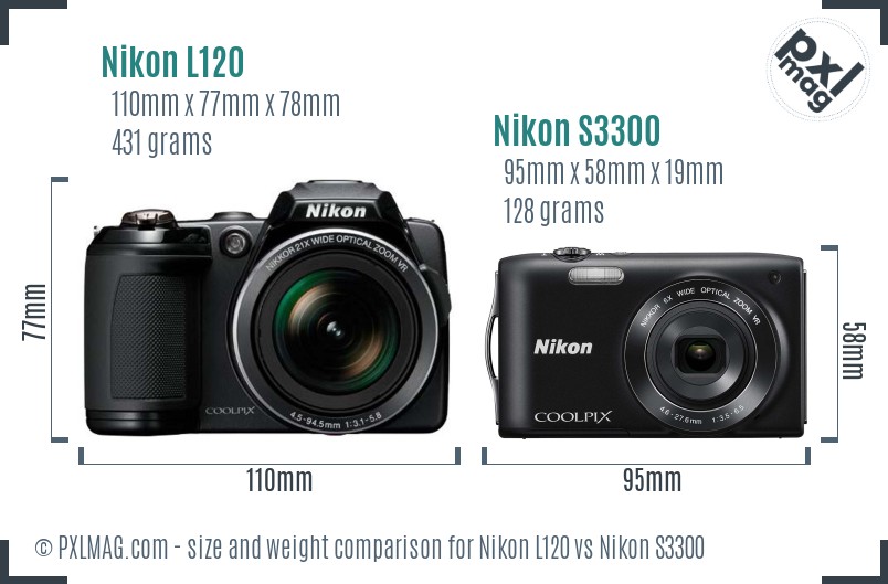 Nikon L120 vs Nikon S3300 size comparison