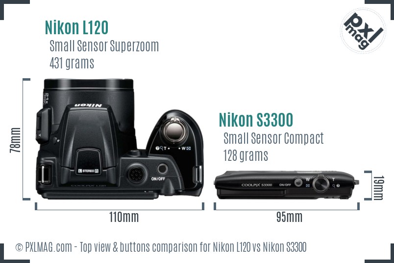 Nikon L120 vs Nikon S3300 top view buttons comparison