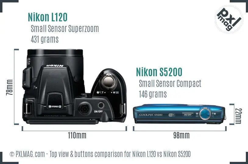 Nikon L120 vs Nikon S5200 top view buttons comparison