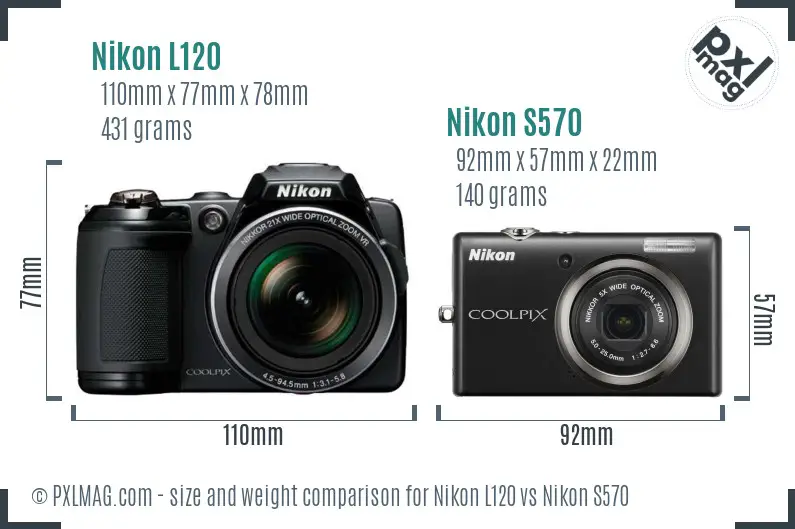 Nikon L120 vs Nikon S570 size comparison