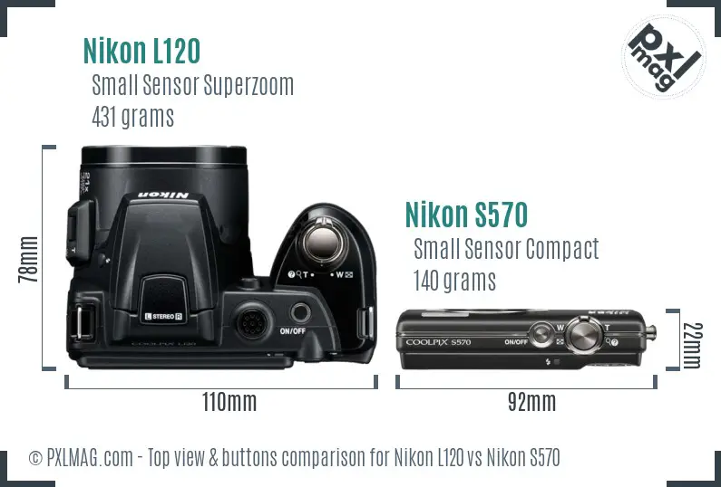 Nikon L120 vs Nikon S570 top view buttons comparison