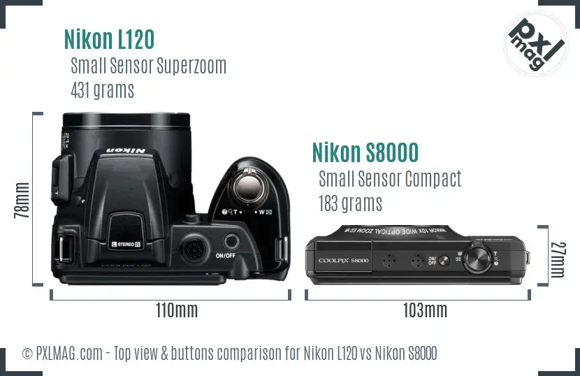 Nikon L120 vs Nikon S8000 top view buttons comparison