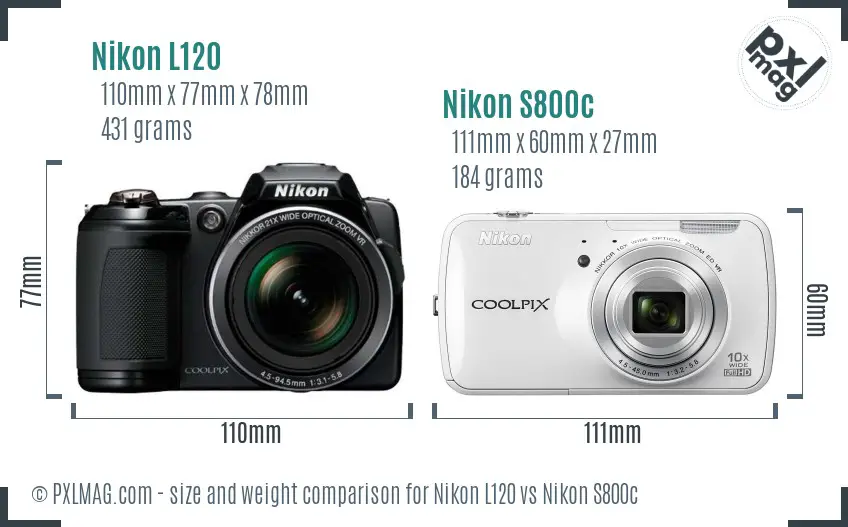 Nikon L120 vs Nikon S800c size comparison