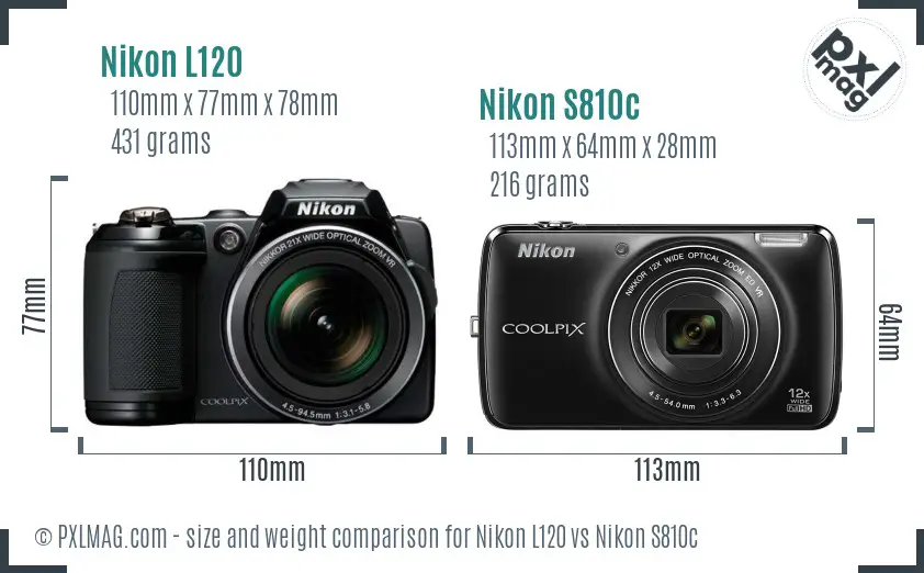 Nikon L120 vs Nikon S810c size comparison