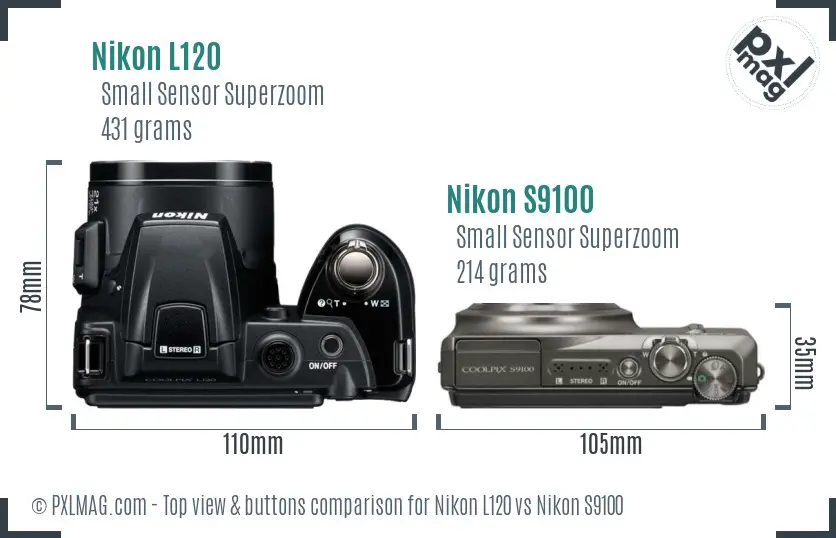 Nikon L120 vs Nikon S9100 top view buttons comparison Nikon L120 vs Nikon S9100 top view buttons comparison