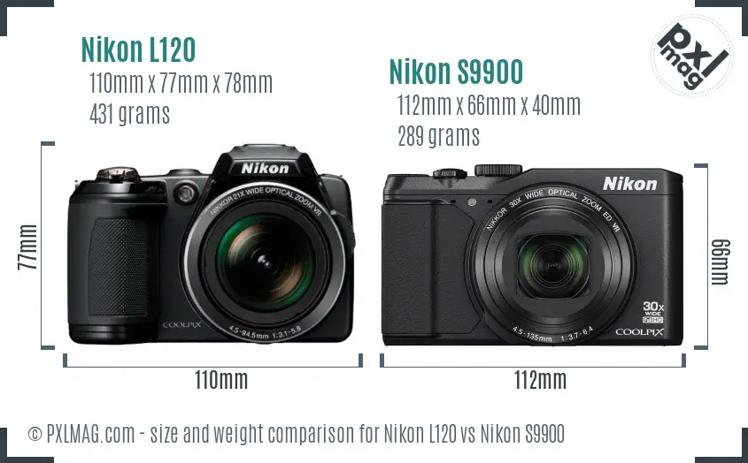 Nikon L120 vs Nikon S9900 size comparison