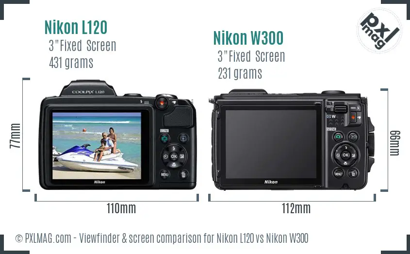 Nikon L120 vs Nikon W300 Screen and Viewfinder comparison