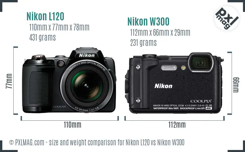 Nikon L120 vs Nikon W300 size comparison