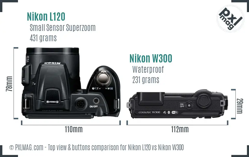 Nikon L120 vs Nikon W300 top view buttons comparison