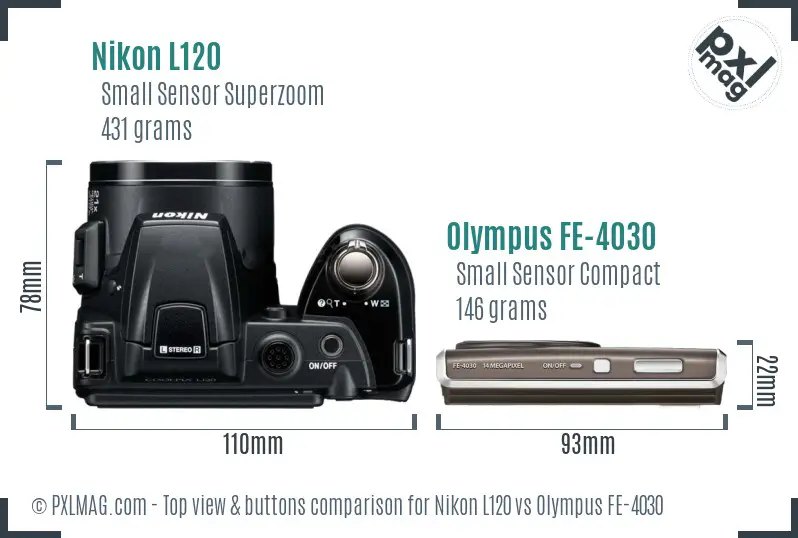 Nikon L120 vs Olympus FE-4030 top view buttons comparison