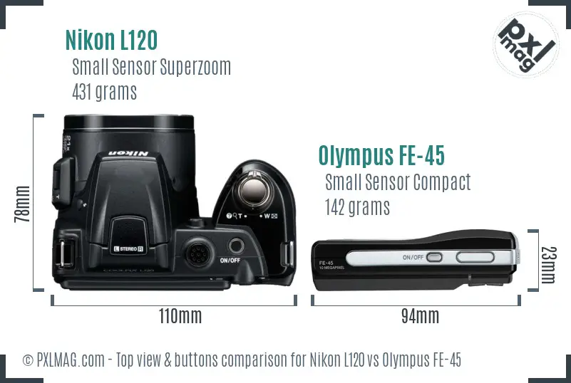 Nikon L120 vs Olympus FE-45 top view buttons comparison