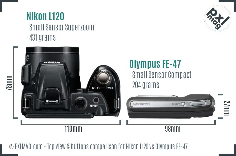 Nikon L120 vs Olympus FE-47 top view buttons comparison