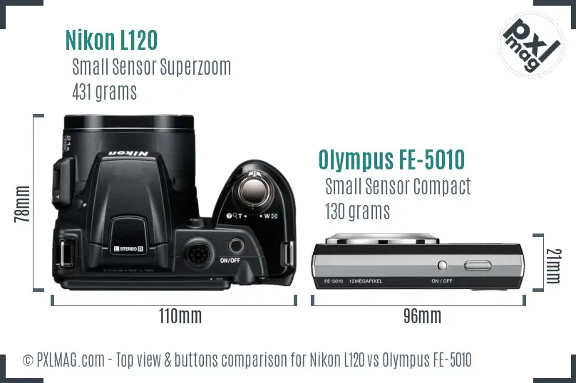 Nikon L120 vs Olympus FE-5010 top view buttons comparison