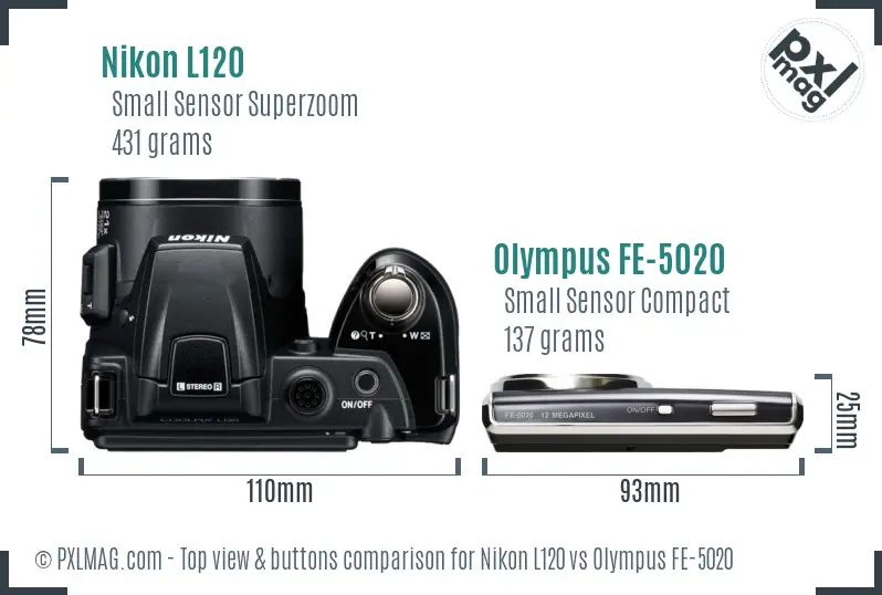 Nikon L120 vs Olympus FE-5020 top view buttons comparison Nikon L120 vs Olympus FE-5020 top view buttons comparison