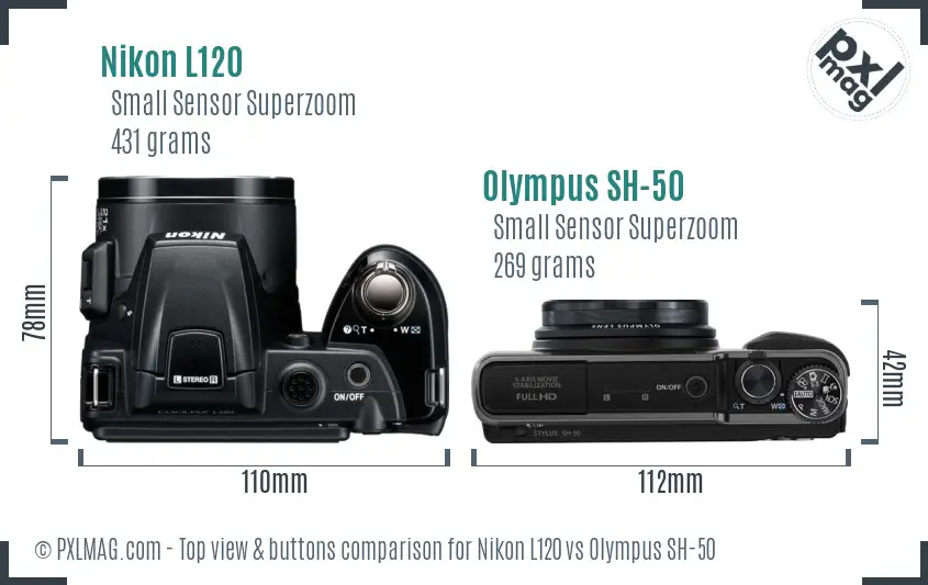 Nikon L120 vs Olympus SH-50 top view buttons comparison