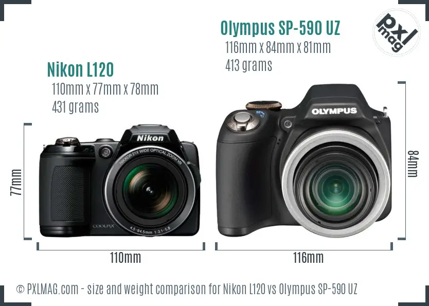 Nikon L120 vs Olympus SP-590 UZ size comparison Nikon L120 vs Olympus SP-590 UZ size comparison