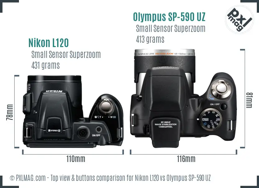 Nikon L120 vs Olympus SP-590 UZ top view buttons comparison Nikon L120 vs Olympus SP-590 UZ top view buttons comparison